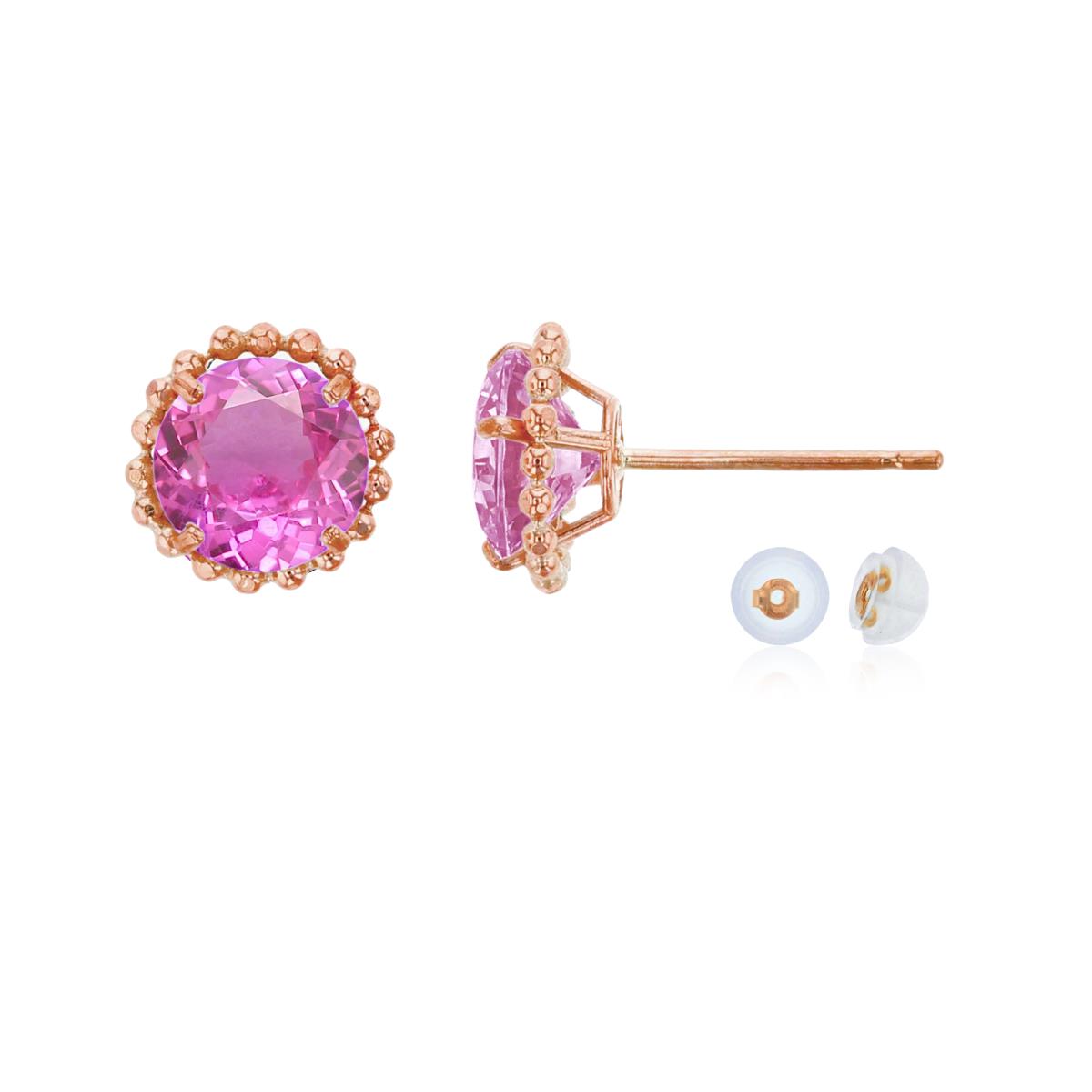 14K Rose Gold 5mm Rd Created Pink Sapphire with Bead Frame Stud Earring with Silicone Back
