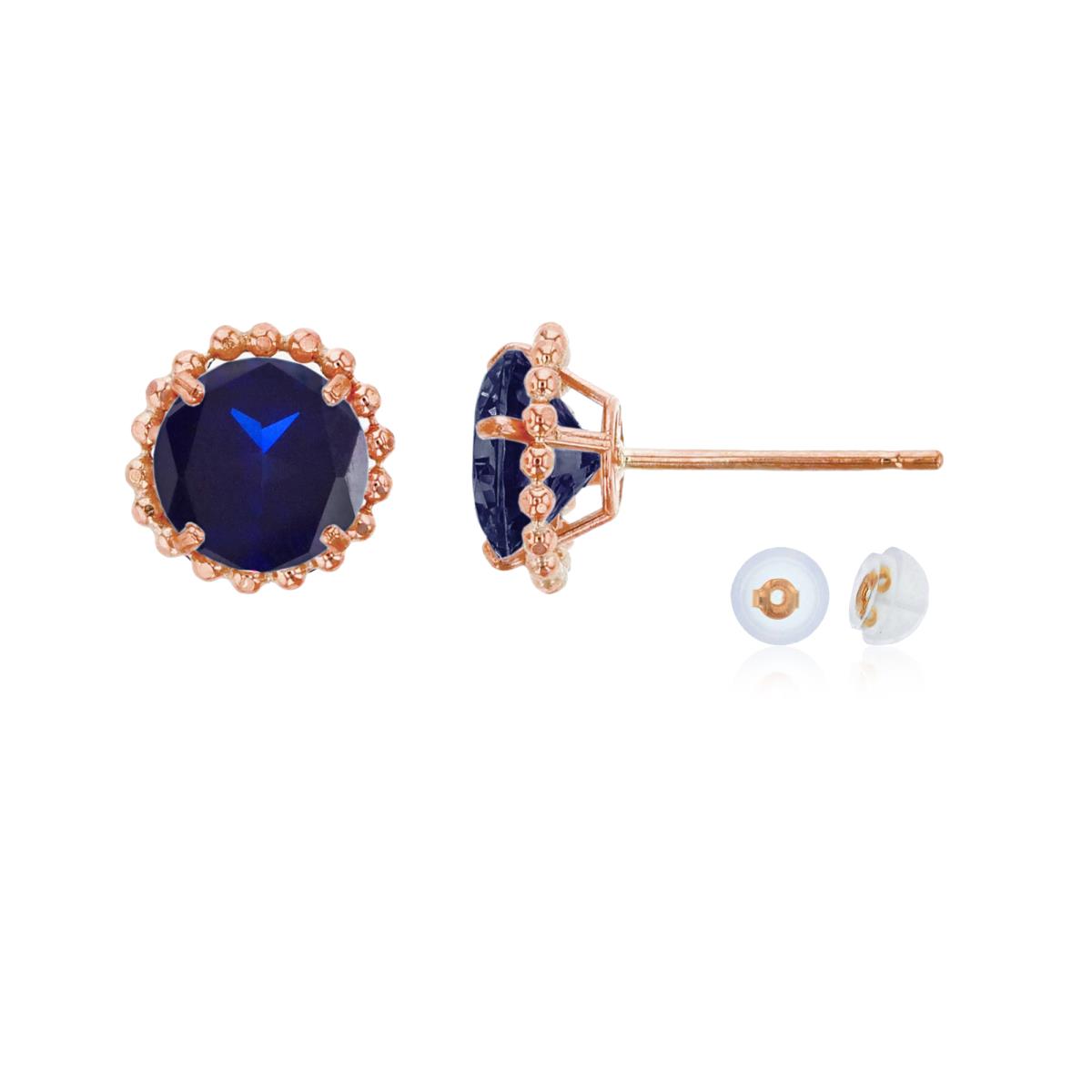 14K Rose Gold 5mm Rd Created Blue Sapphire with Bead Frame Stud Earring with Silicone Back