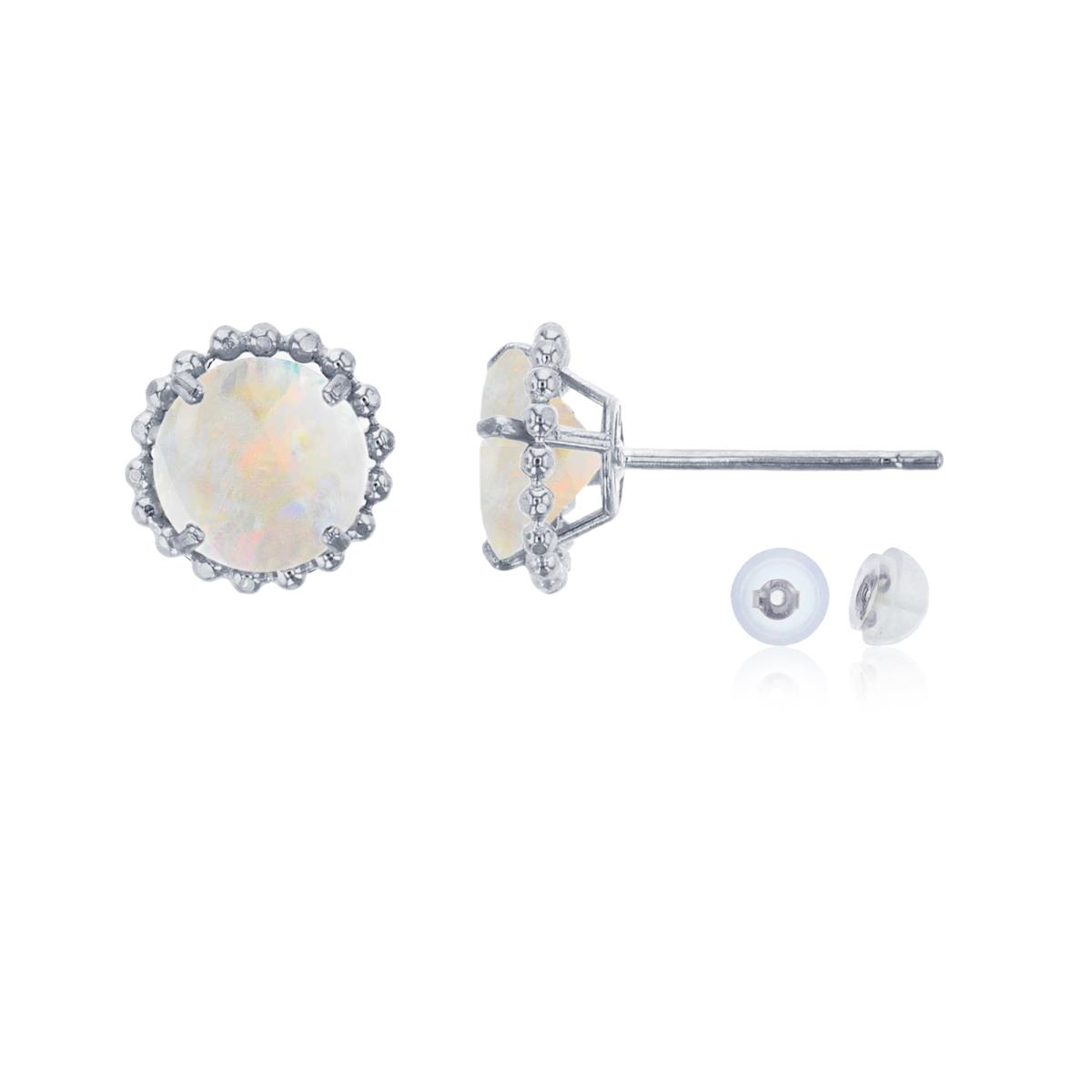 10K White Gold 5mm Rd Created Opal with Bead Frame Stud Earring with Silicone Back