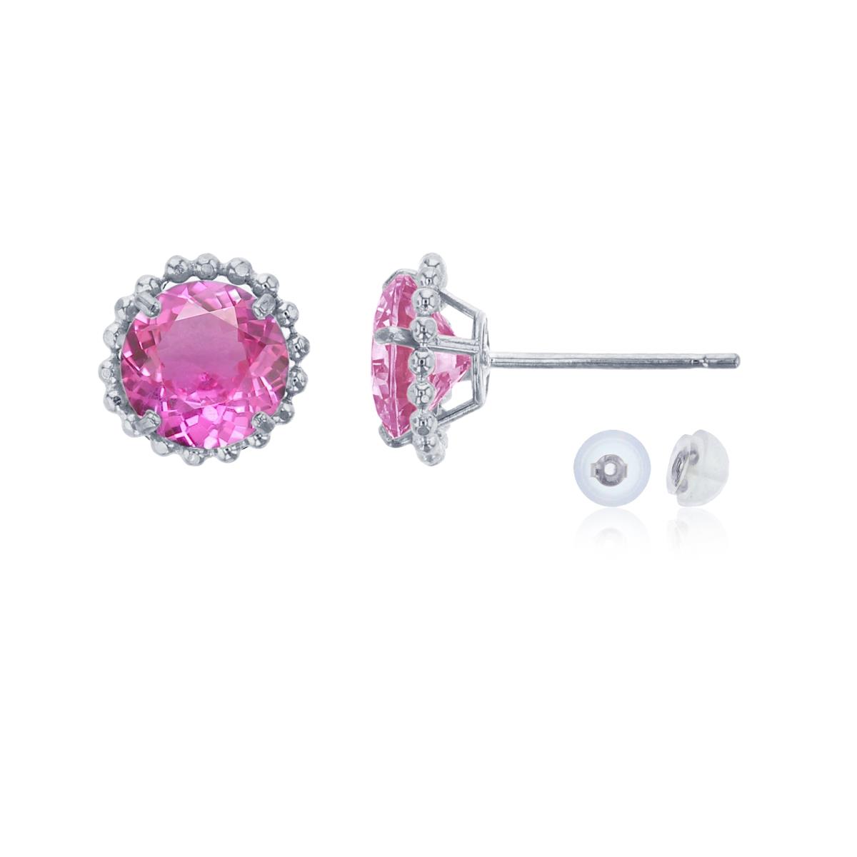 10K White Gold 5mm Rd Created Pink Sapphire with Bead Frame Stud Earring with Silicone Back