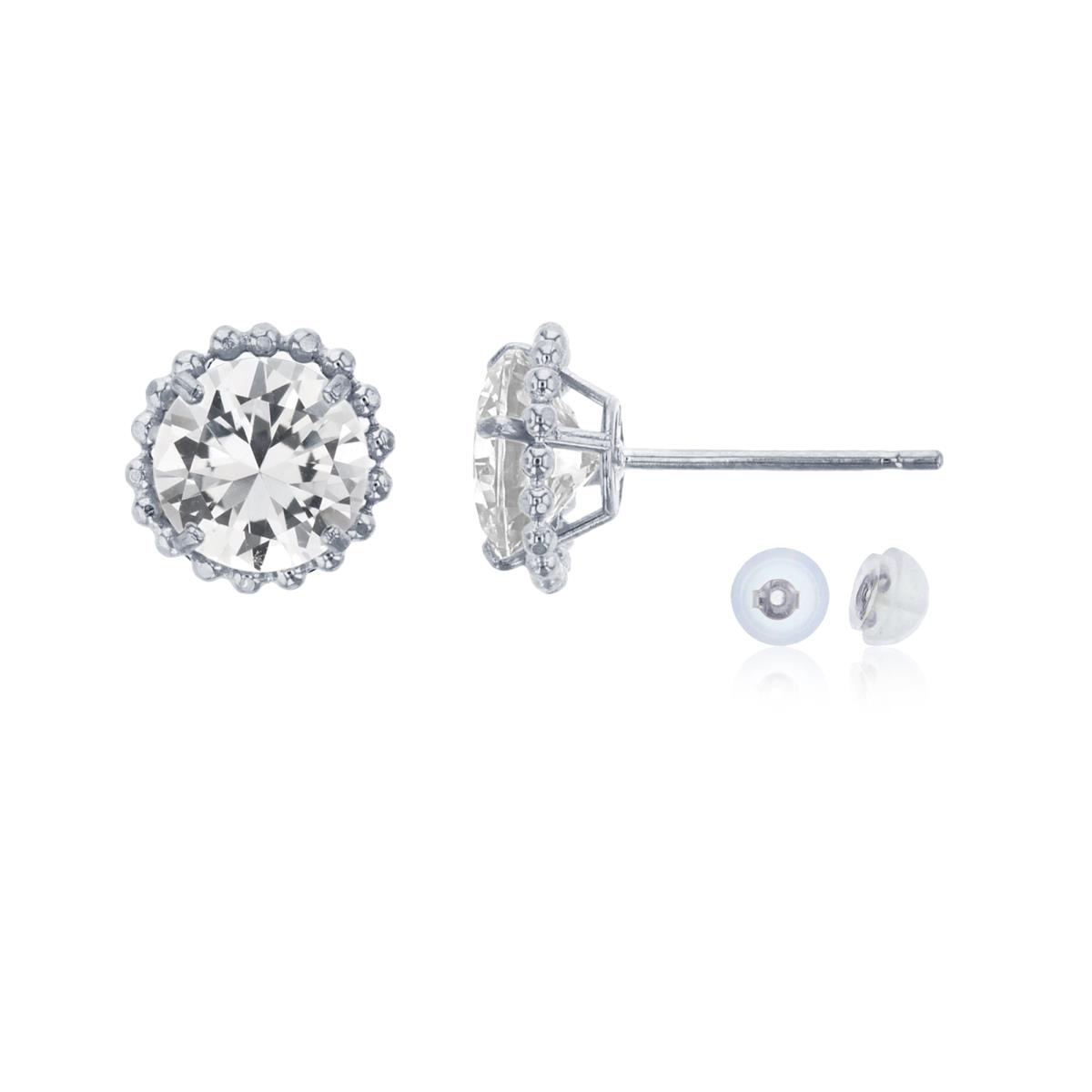 10K White Gold 5mm Rd Created White Sapphire with Bead Frame Stud Earring with Silicone Back