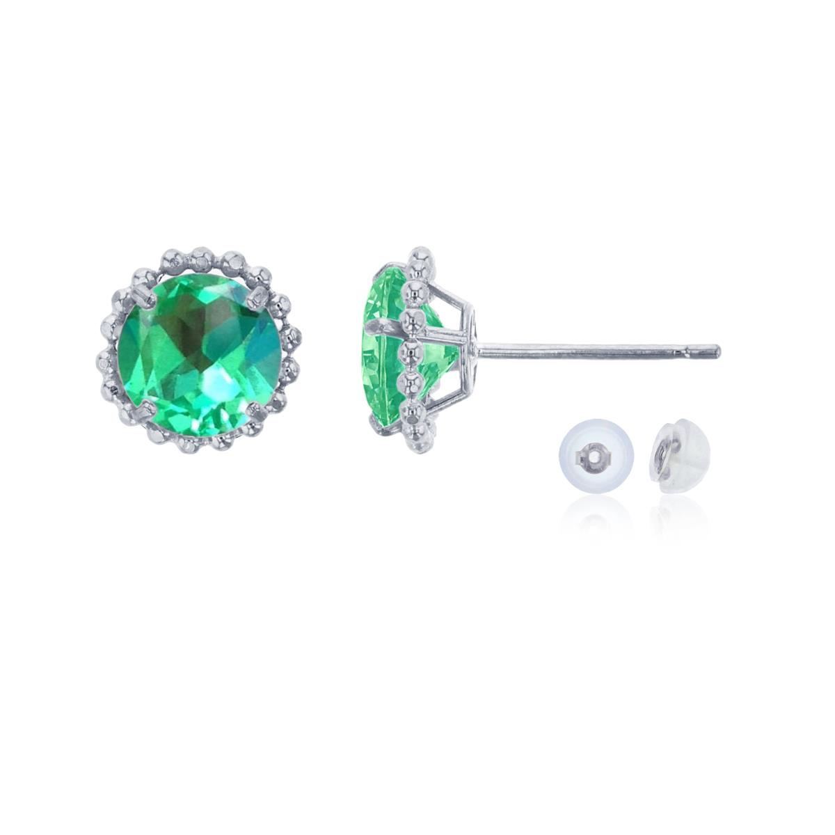 10K White Gold 5mm Rd Created Green Sapphire with Bead Frame Stud Earring with Silicone Back