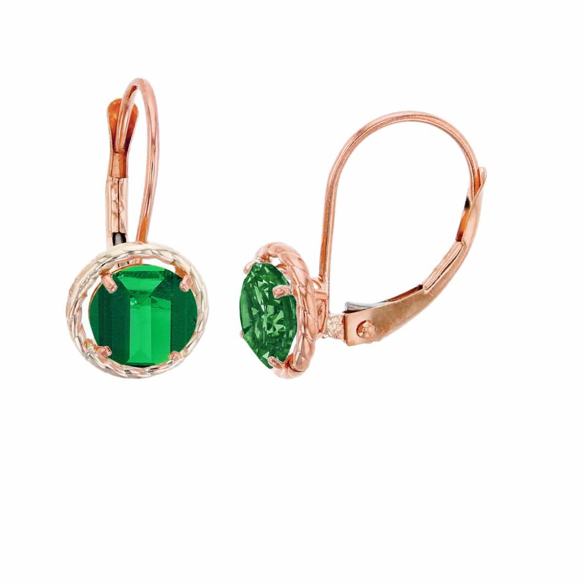 14K Rose Gold 6mm Rd Created Emerald CS Rope Frame Lever-Back Earring