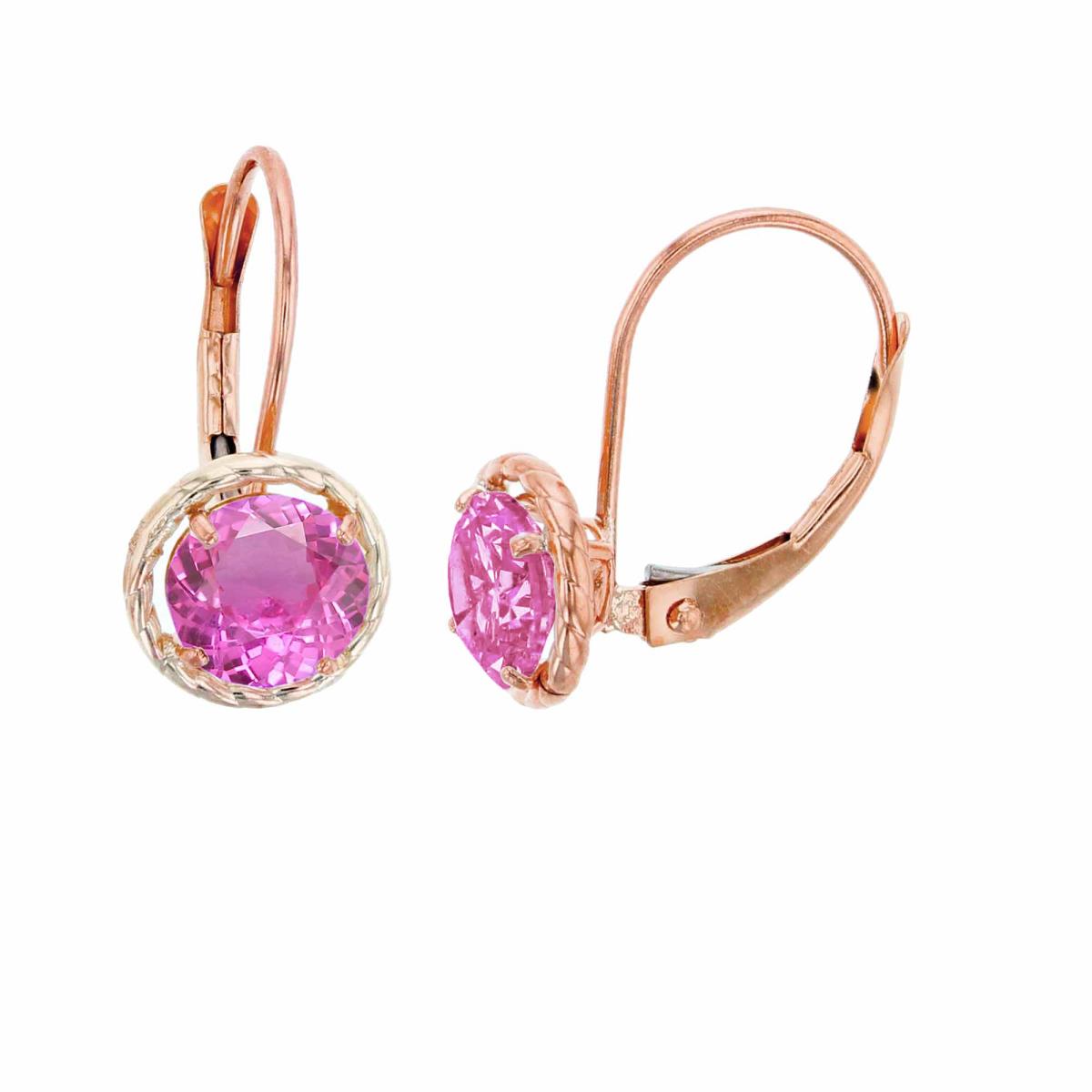 14K Rose Gold 6mm Rd Created Pink Sapphire CS Rope Frame Lever-Back Earring