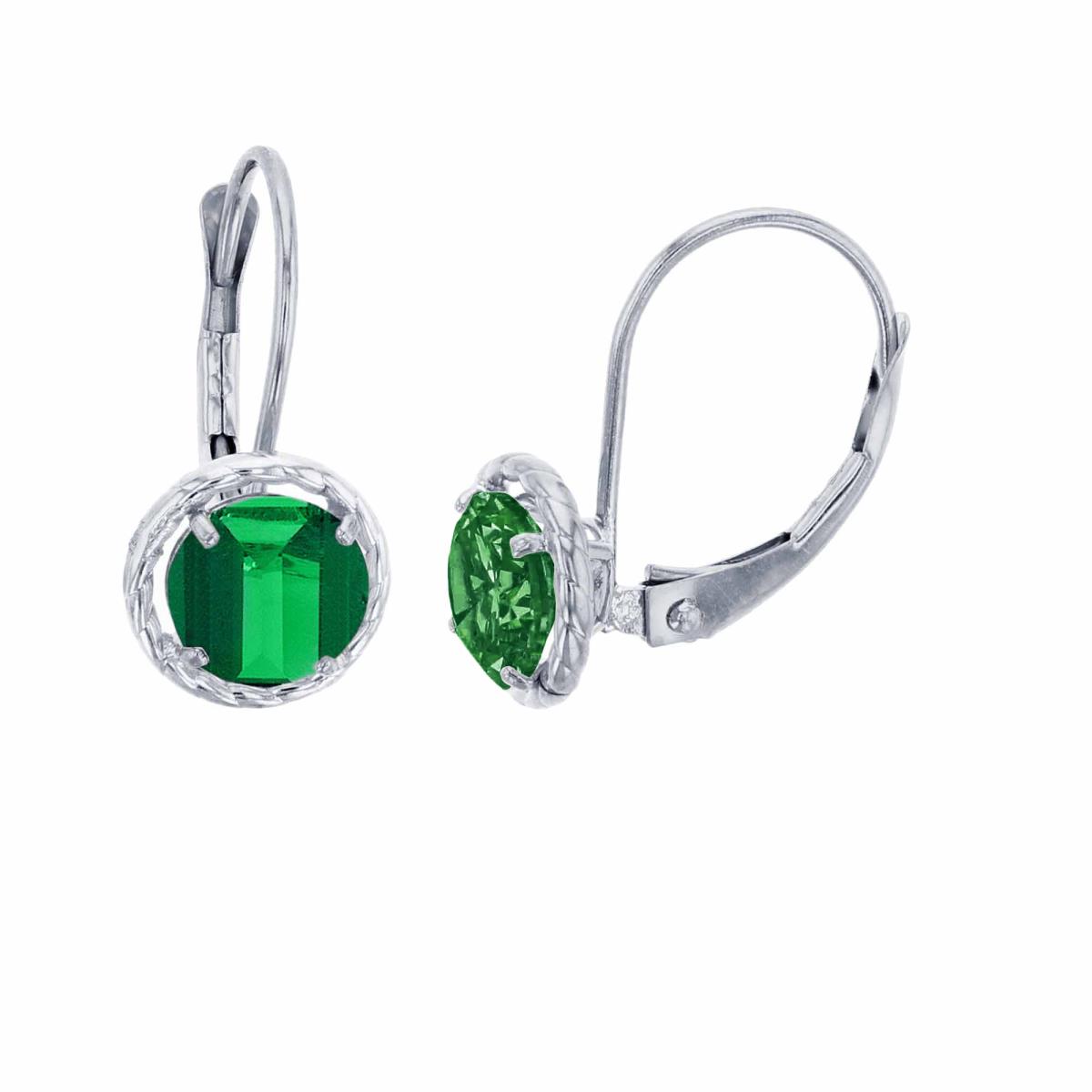 10K White Gold 6mm Rd Created Emerald CS Rope Frame Lever-Back Earring
