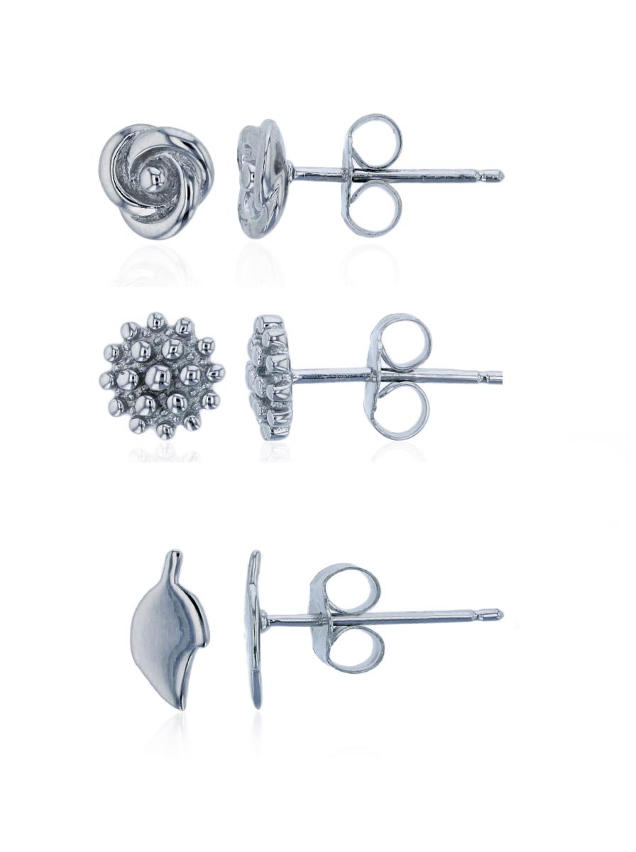 Sterling Silver Rhodium Knot Rose, Polished Leaf & Textured Multi Circle Stud Earring Earring Set