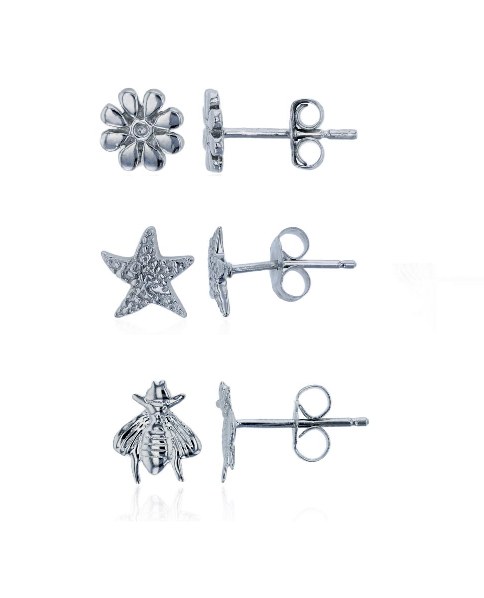 Sterling Silver Rhodium Polished Flower, Textured Starfish & Fly Stud Earring Set 