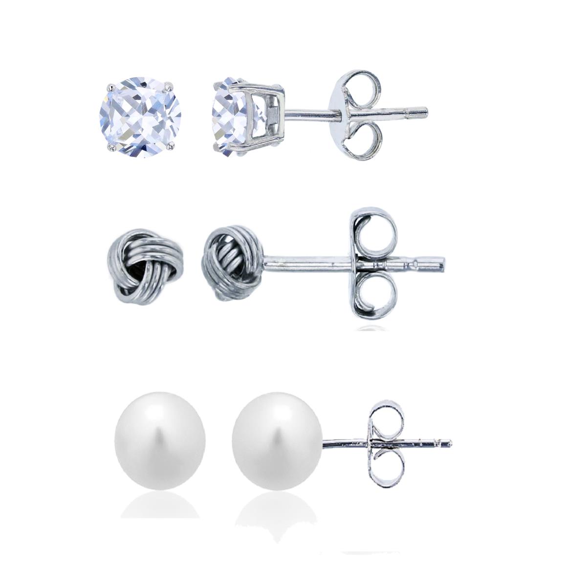 Sterling Silver Rhodium 6-7MM FWP, 3mm Small Knot & 5.00mm AAA Rd Solitaire Stud Earring Set
