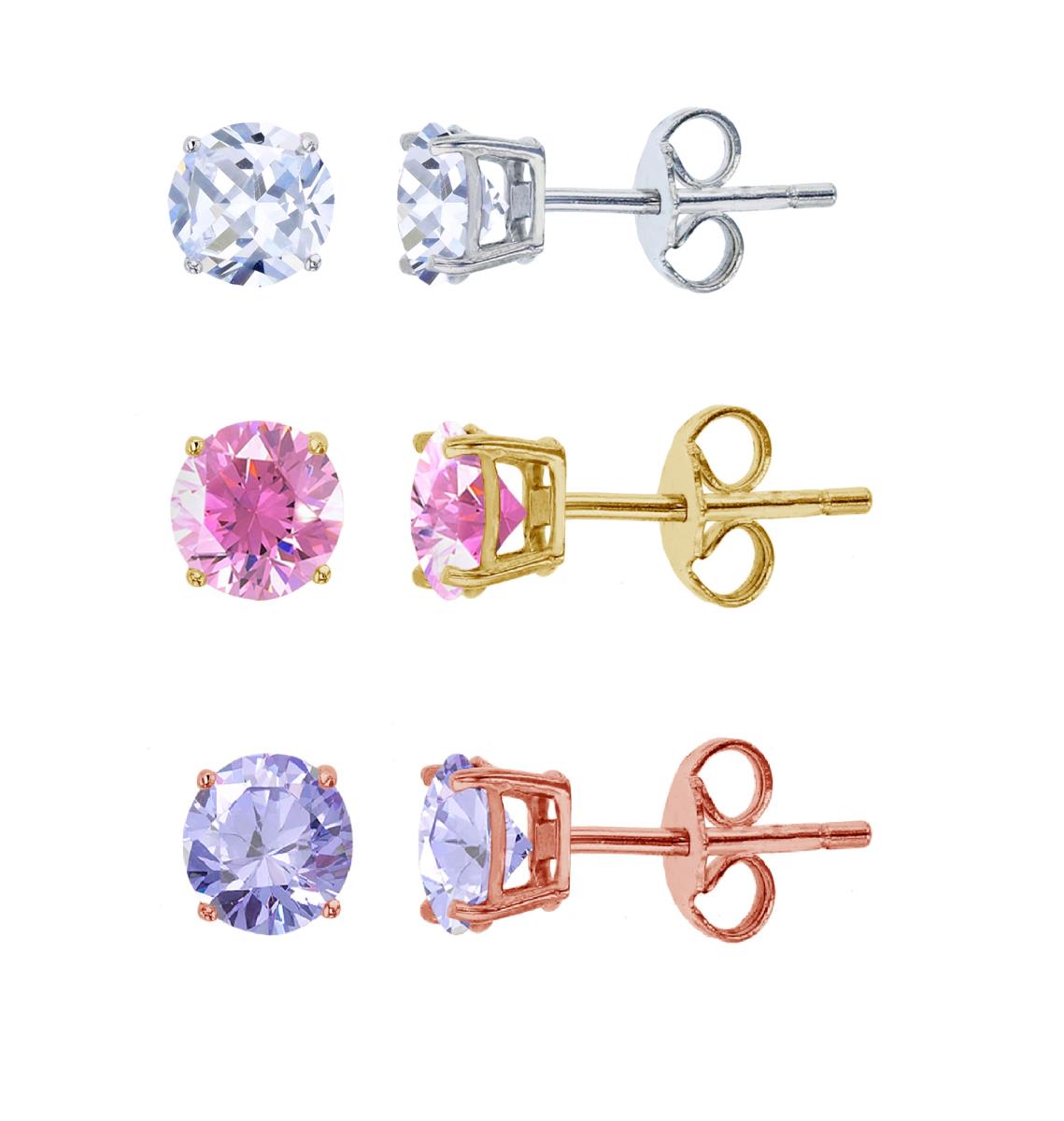 Sterling Silver Rose 5.00mm Lavender,Yellow 5.00mm Pink & Rhodium 5.00mm AAA Round Solitaire Stud Earring Set