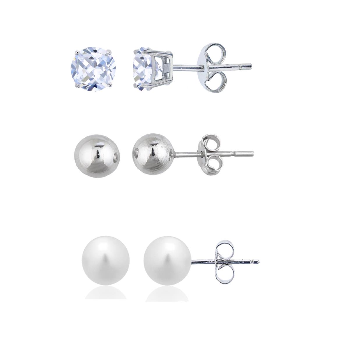 Sterling Silver 4mm High Polish Ball, 5-6MM FWP & 5.00mm AAA Round CZ Solitaire Stud Earring Set