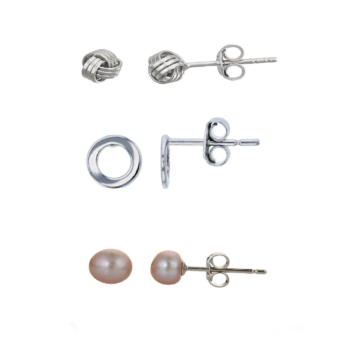 Sterling Silver 5mm Love Knot, Pink 5-6mm FWP & 6x6mm Polished Open Circle Stud Earring Set
