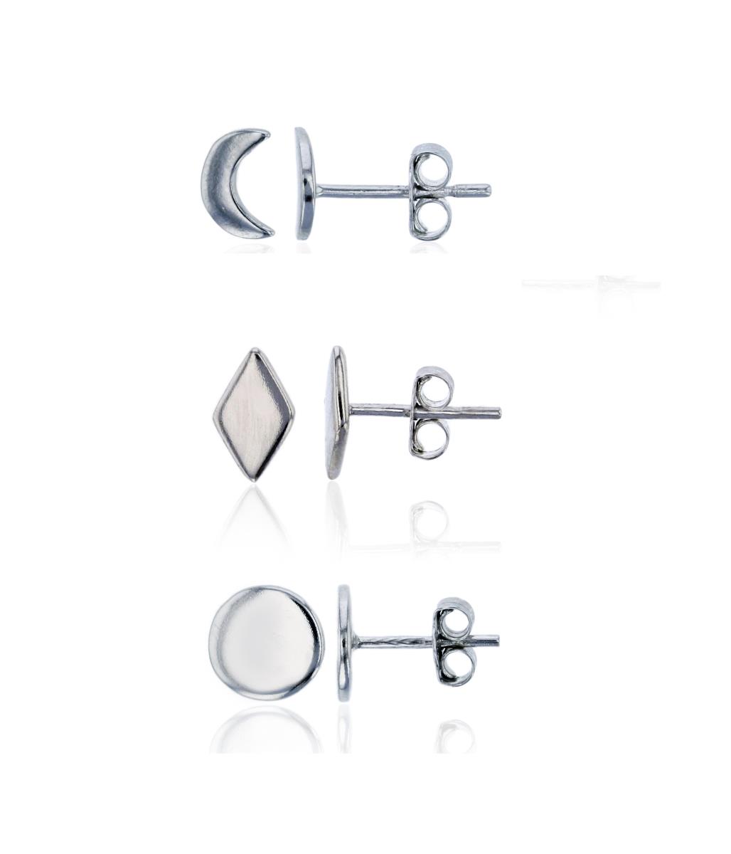 Sterling Silver Rhodium Polished Flat Rhombus, Circle & Moon Stud Earring Set