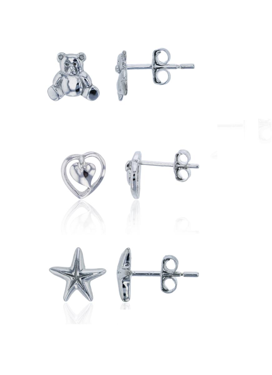Sterling Silver Rhodium Polished Starfish, Teddy Bear & Heart Stud Earring Set