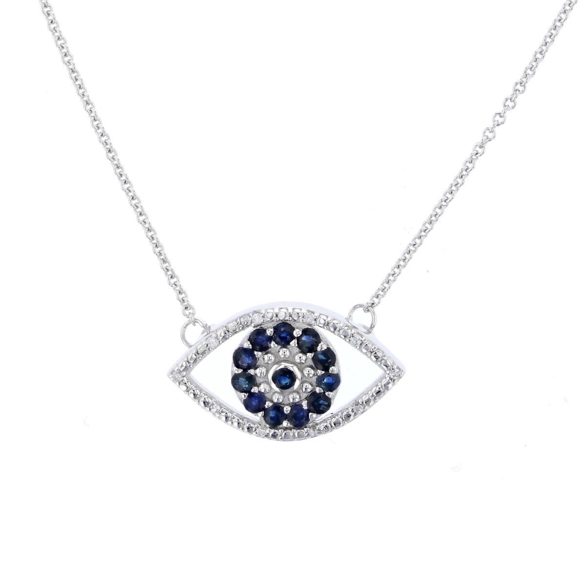 Sterling Silver Rhodium CZ Rnd & 2mm Rnd Blue Sapphire Evil Eye Necklace