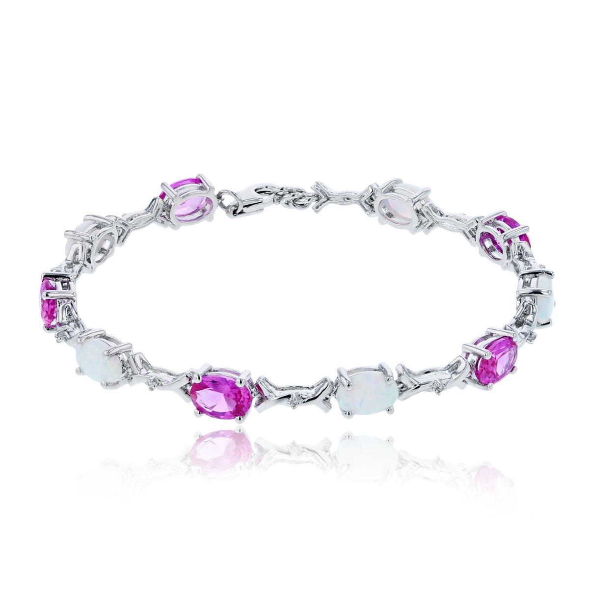 Sterling Silver Rhodium  Rnd CZ & 7X5mm Ov Cr Opal/Cr Pink Sapphire Linked Bracelet