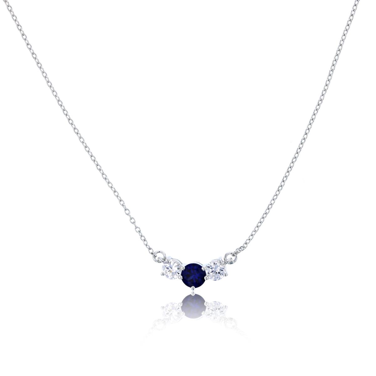 Sterling Silver Rhodium 4mm Rnd Cr White Sapphire/5mm Rnd Cr Blue Sapp 3-Stones Bar Necklace