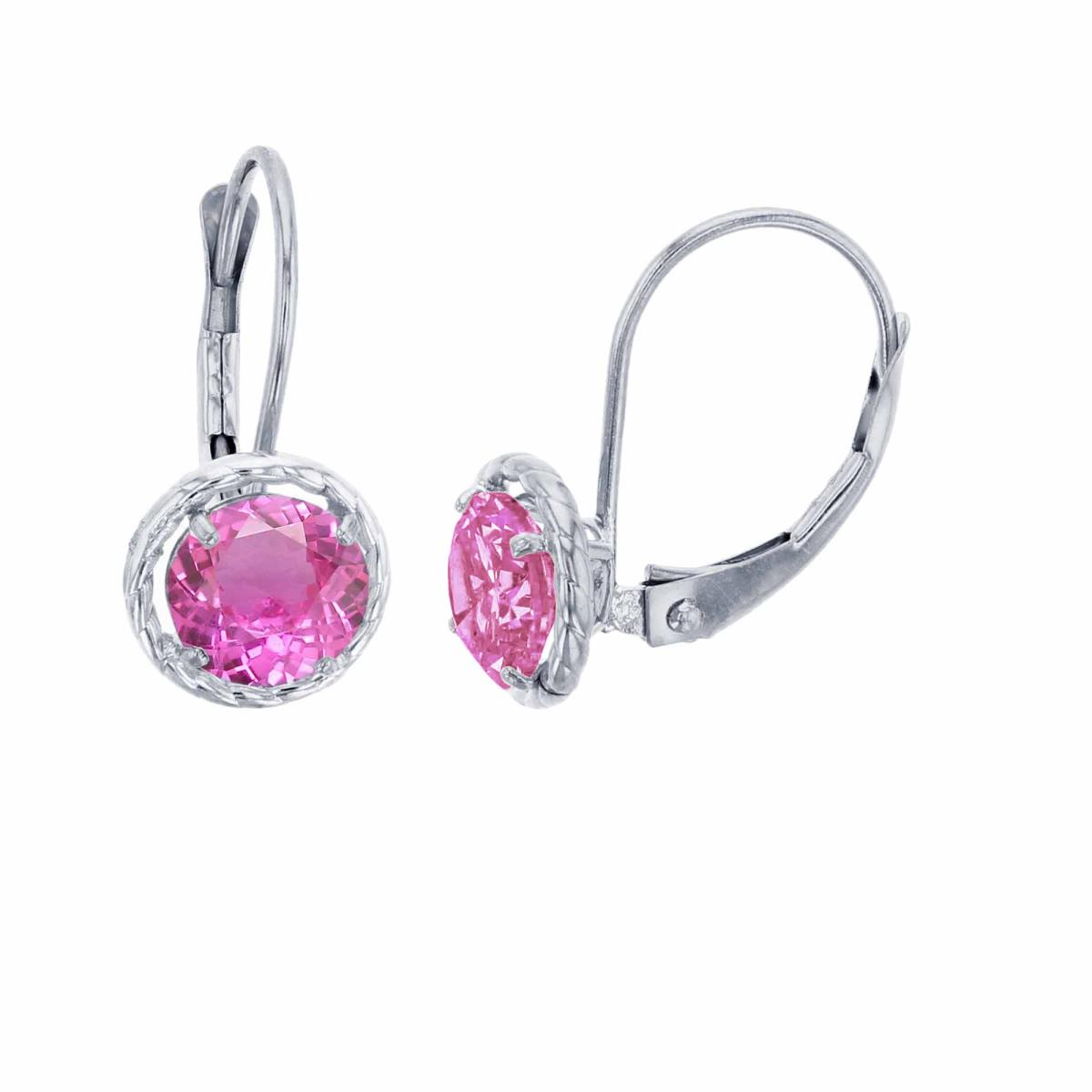 14K White Gold 5mm Rd Created Pink Sapphire CS Rope Frame Lever-Back Earring