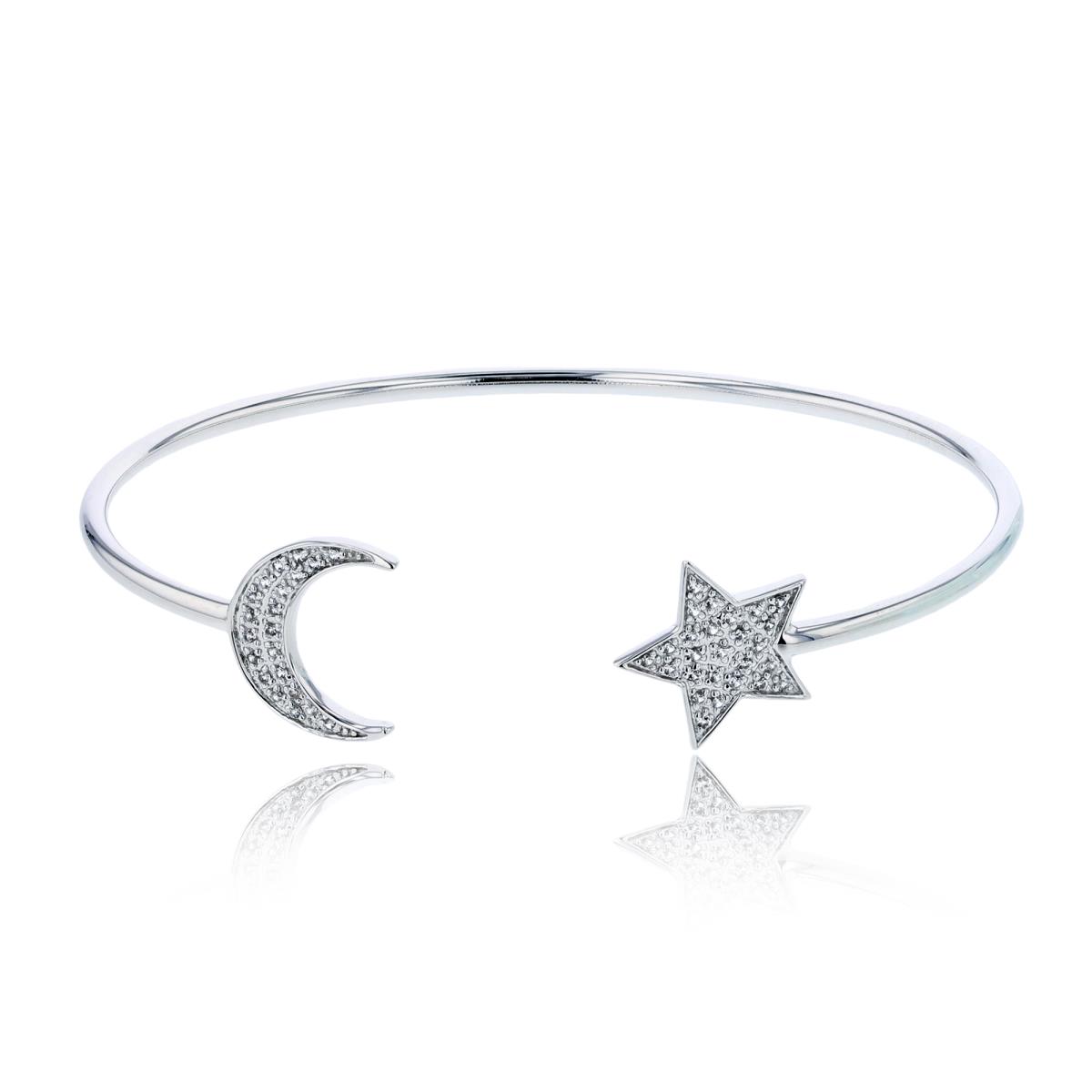 Sterling Silver Rhodium 1mm Rnd Cr White Sapphire Moon/Star Open Wire Bangle