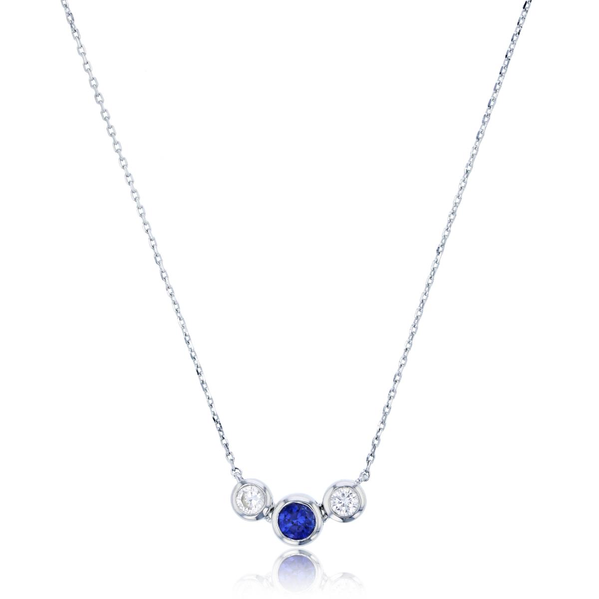 Sterling Silver Rhodium 4mm Rnd Cr Blue Sapphire/ 3mm Cr White Sapphire 3-Bezel Stones Smile Necklace