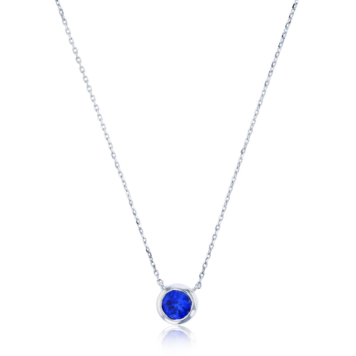 Sterling Silver Rhodium 5mm Rnd Cr. #113 Blue Bezel Circle 17"Necklace