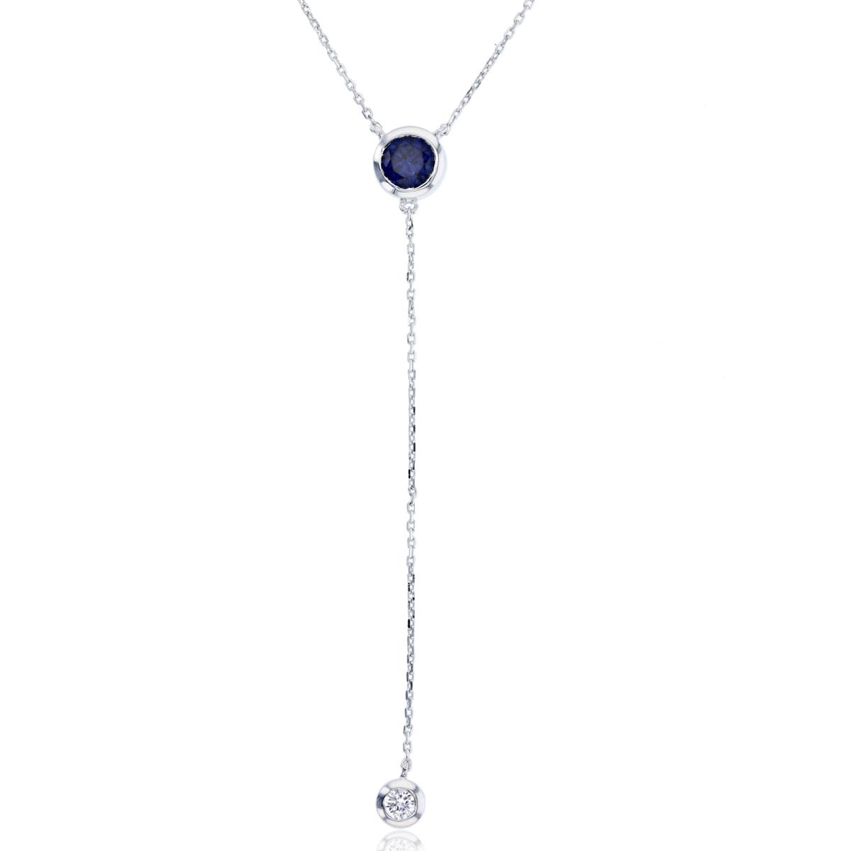 Sterling Silver Rhodium 5mm Rnd Created Sapphire & 3mm Rnd Created White Sapphire 2-Bezel Circles Dangling Necklace