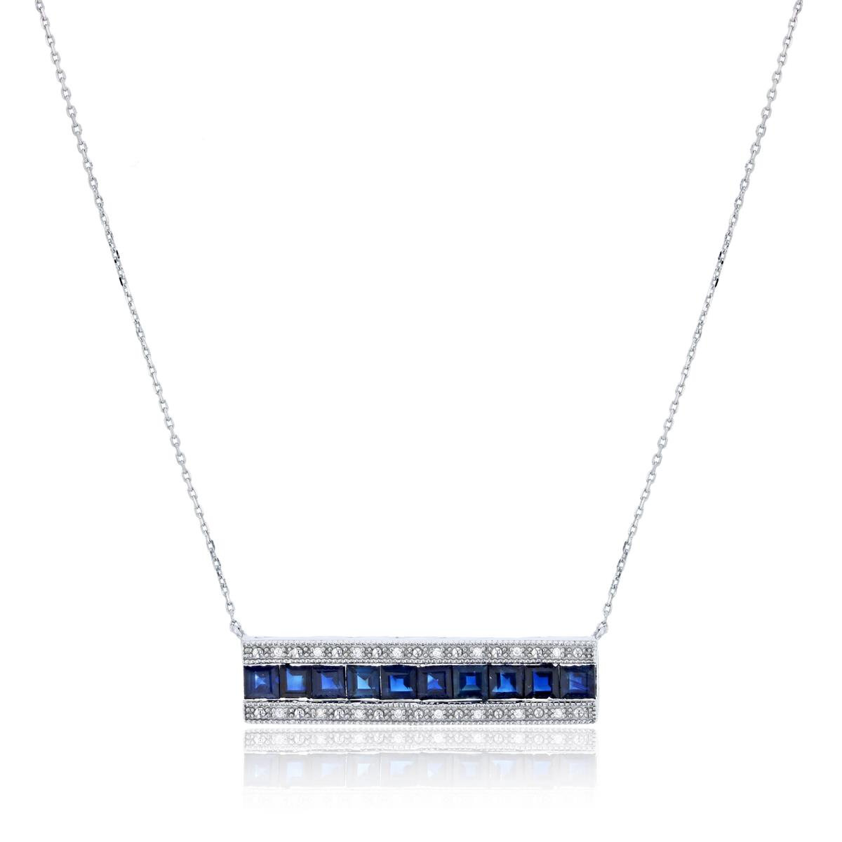 Sterling Silver Rhodium CZ Rnd & 3mm Square Sapphire Bar 17" Necklace