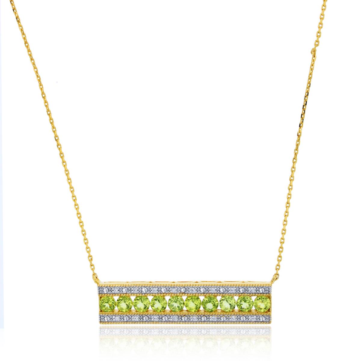 Sterling Silver+1Micron 14k Yellow Gold Rnd CZ (0.048cttw) & 3mm Rnd Peridot Bar 17" Necklace