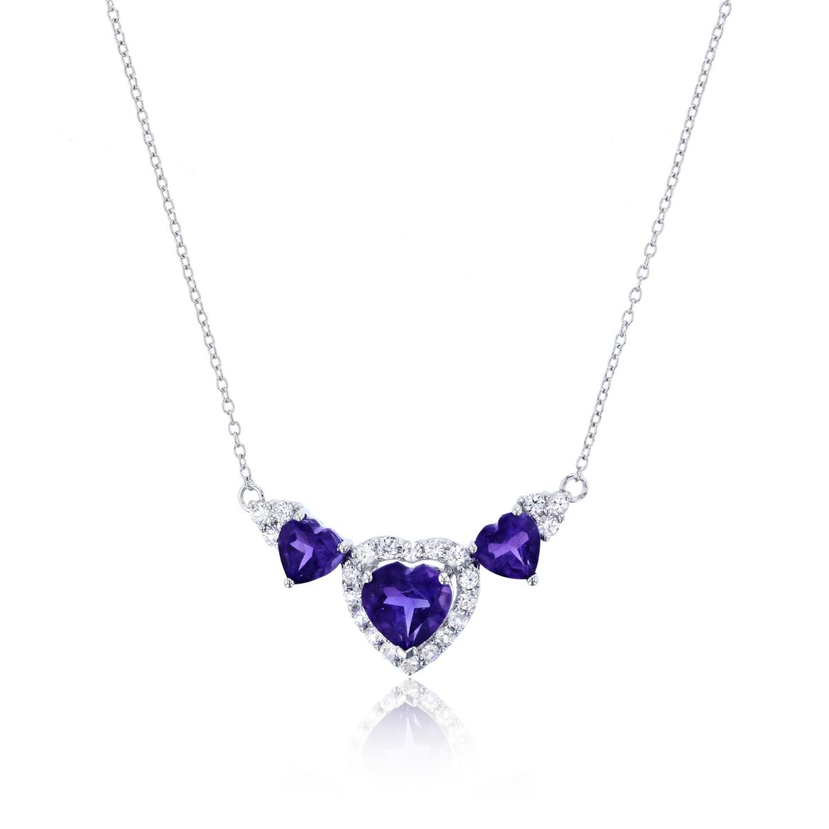 Sterling Silver Rhodium 6mm/8mm HS Amethyst & Rnd White Topaz 3-Hearts 17" Necklace