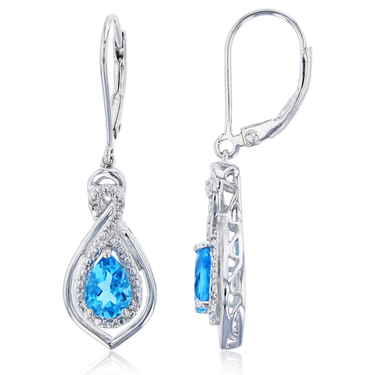 Sterling Silver Rhodium CZ RND & 7X5 PS Blue Topaz Dangling Earring