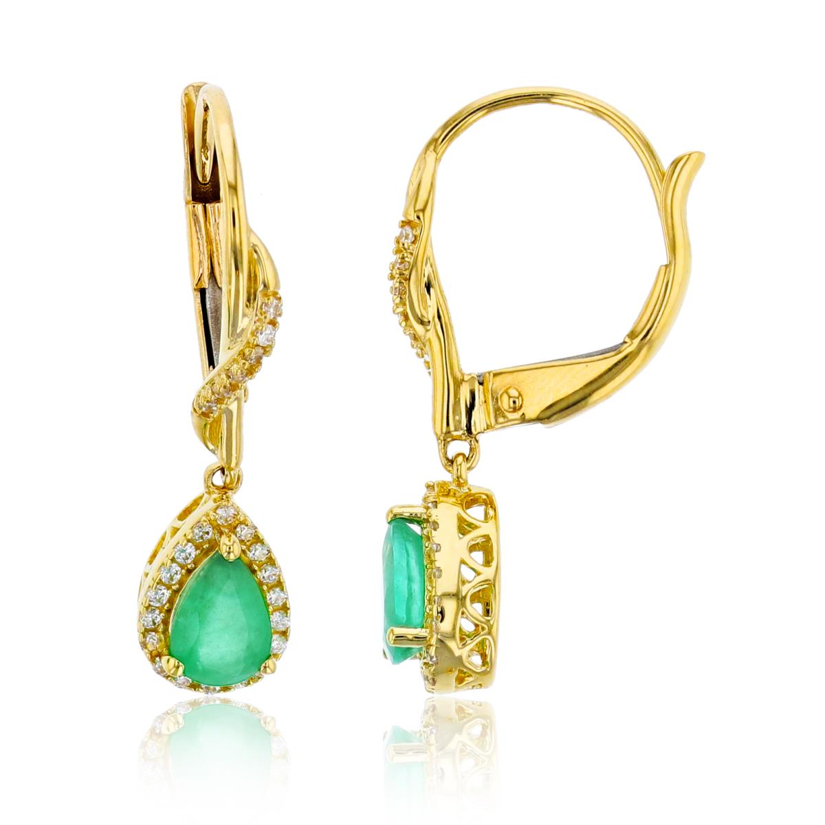 14K Yellow Gold Rnd CZ (0.17cttw Rnd Diam) & 6x4mm PS Emerald Halo Dangling Pear-shape Earrings