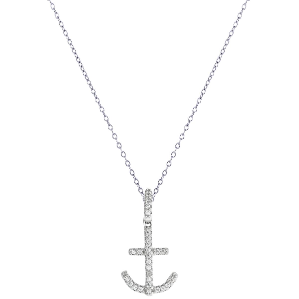 Sterling Silver Rhodium White CZ 15mm Anchor 18" Necklace