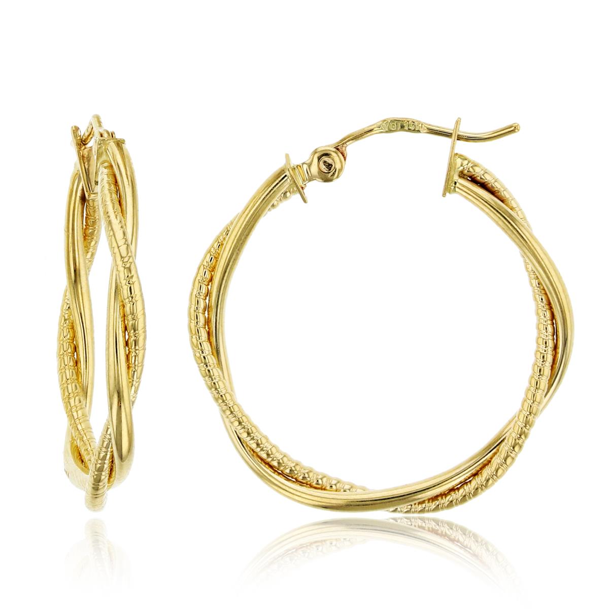 14K Yellow Gold 26x3mm Polished & Textured Twisted Octagon Hoop Earring