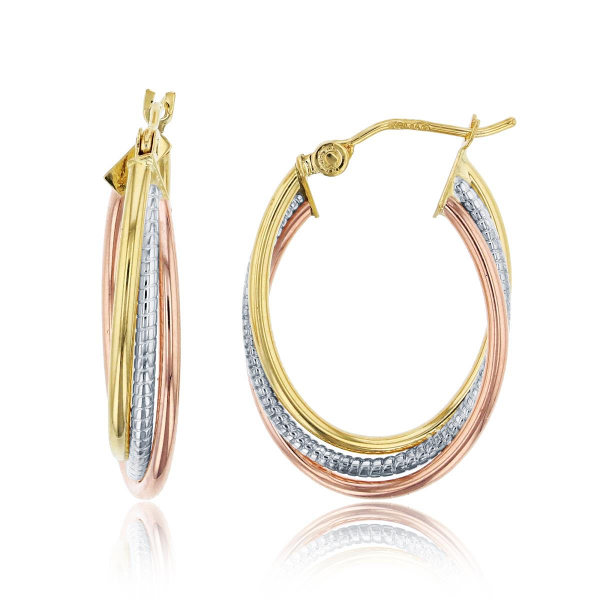 14K Tri-Color Gold 26x4mm Polished & Textured 3-Strand Twist Hoop Earring