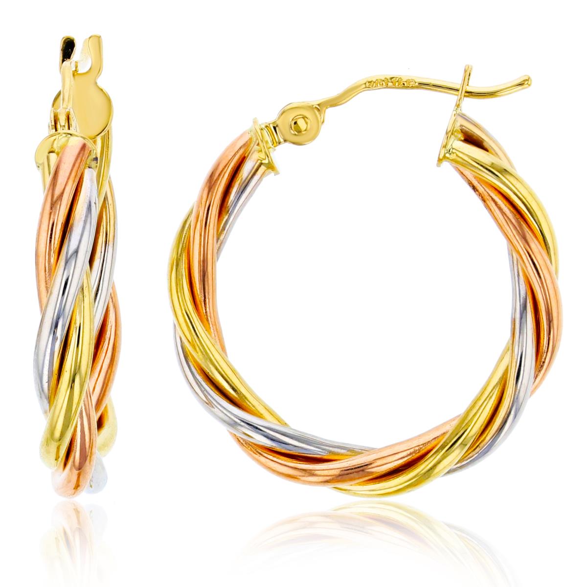 14K Tri-Color Gold 24x3mm High Polished 3-Strand Twist Hoop Earring