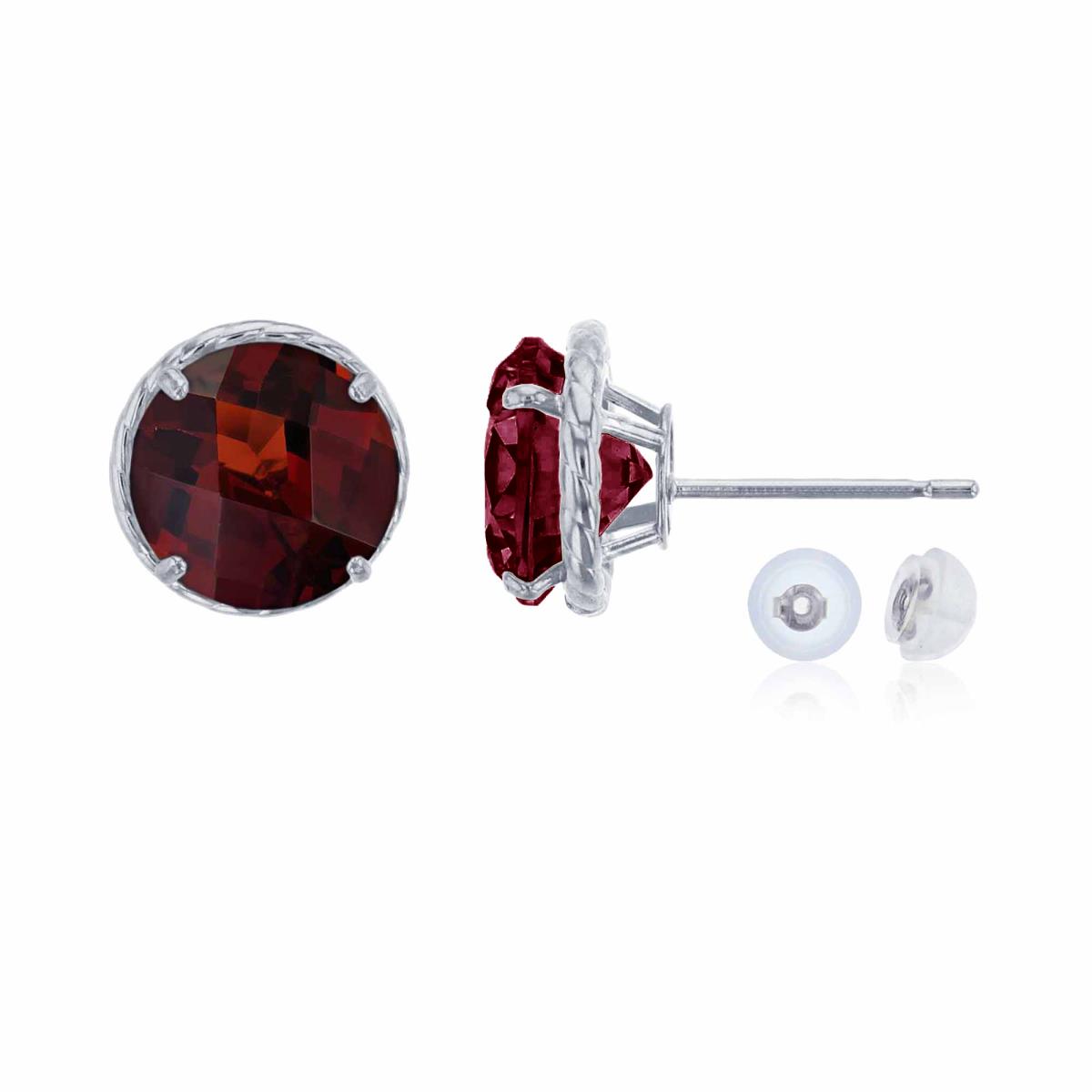 10K White Gold 7mm Rd Garnet Rope Frame Stud Earring with Silicone Back