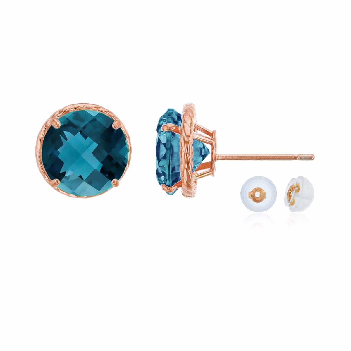 10K Rose Gold 7mm Rd London Blue Topaz Rope Frame Stud Earring with Silicone Back