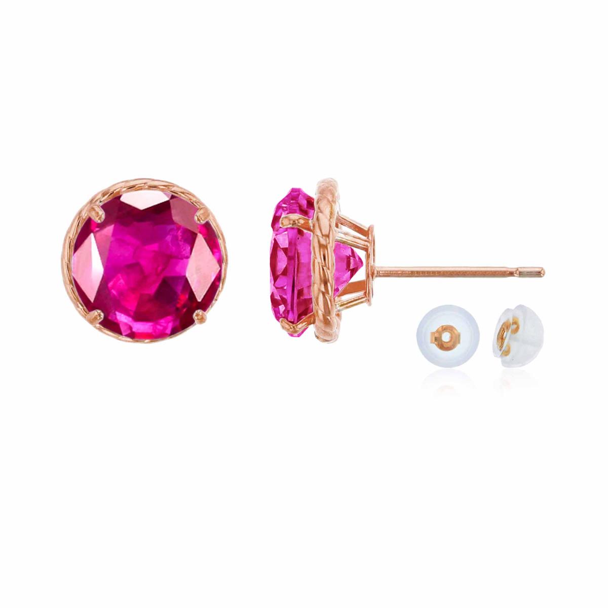 10K Rose Gold 7mm Rd Glass Filled Ruby Rope Frame Stud Earring with Silicone Back