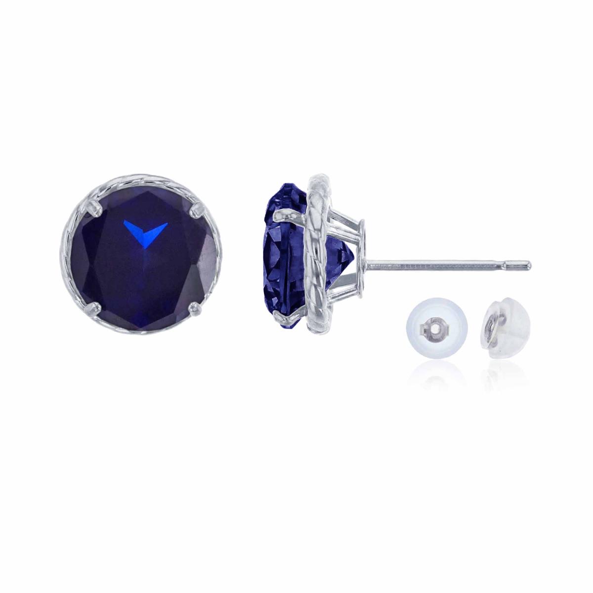10K White Gold 7mm Rd Created Blue Sapphire Rope Frame Stud Earring with Silicone Back