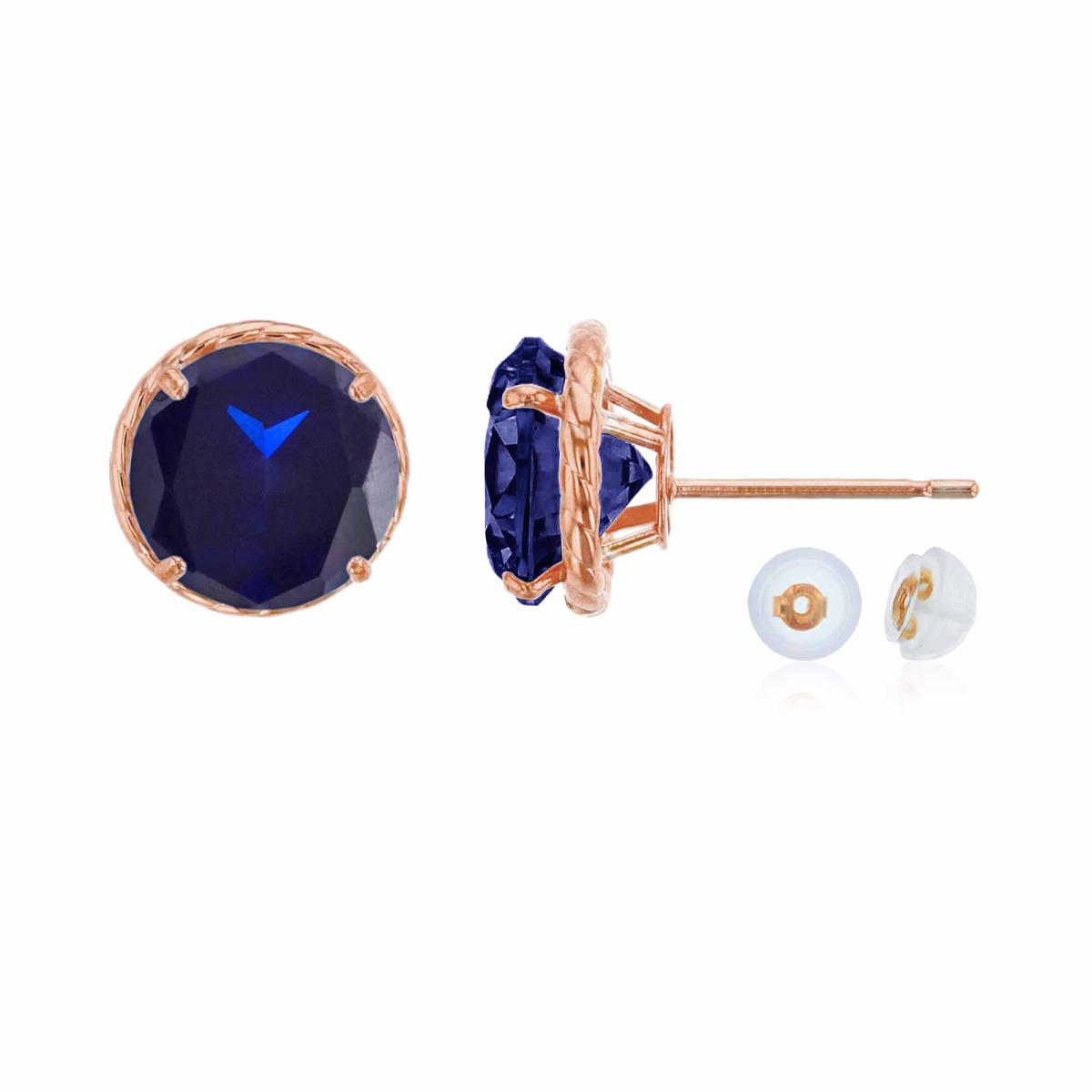 10K Rose Gold 7mm Rd Created Blue Sapphire Rope Frame Stud Earring with Silicone Back