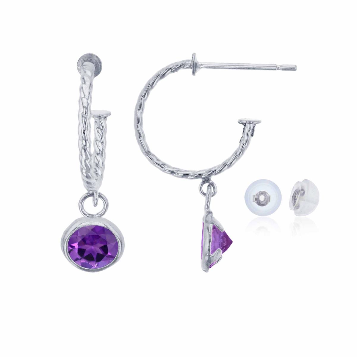 14K White Gold 12mm Rope Half-Hoop with 5mm Rd Amethyst Bezel Drop Earring with Silicone Back