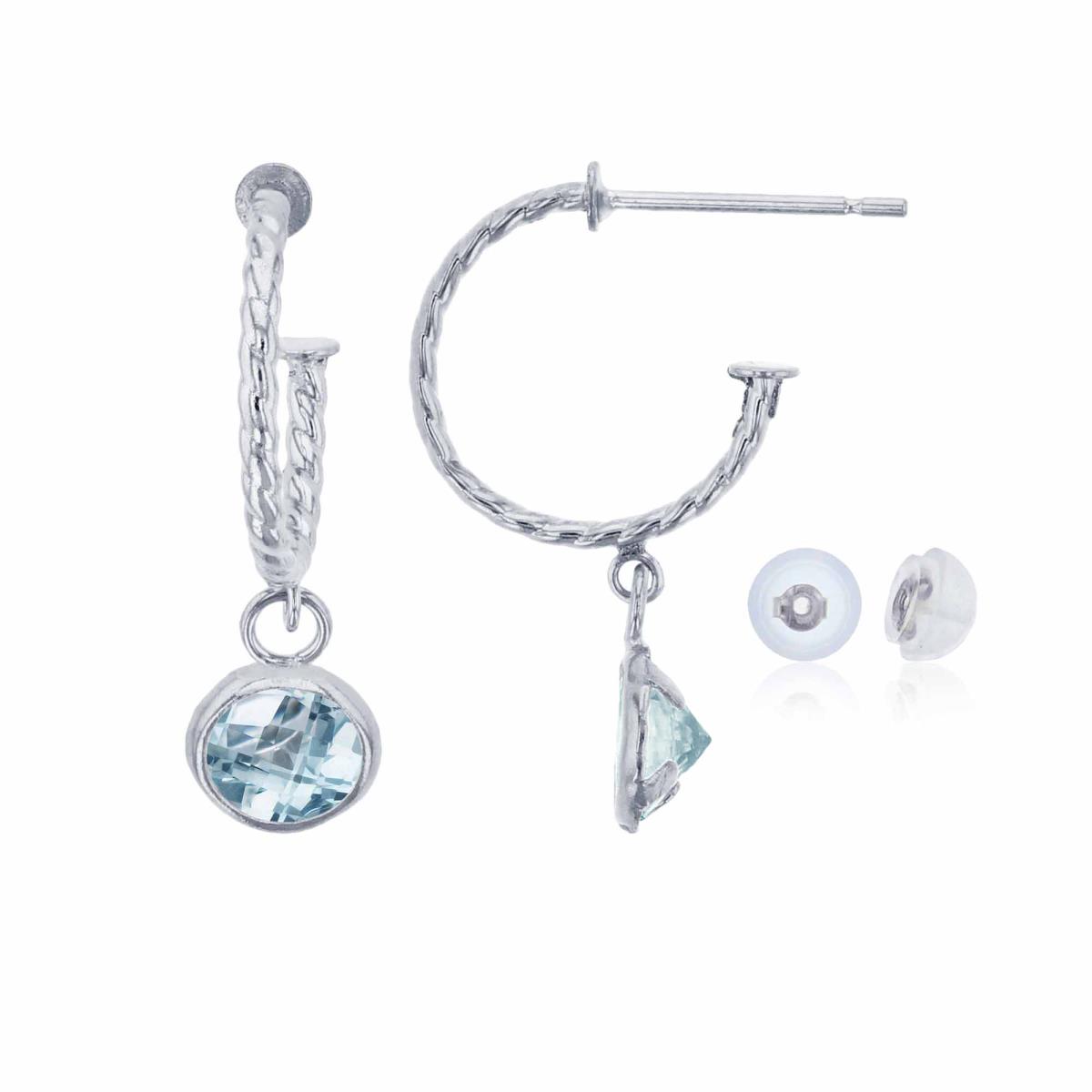 14K White Gold 12mm Rope Half-Hoop with 5mm Rd Aquamarine Bezel Drop Earring with Silicone Back