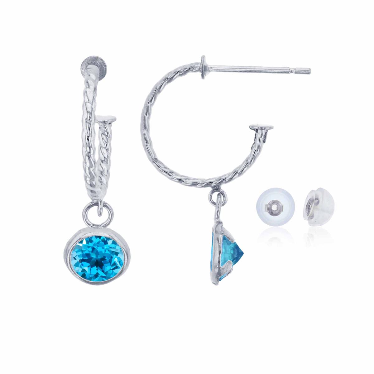 14K White Gold 12mm Rope Half-Hoop with 5mm Rd Swiss Blue Topaz Bezel Drop Earring with Silicone Back
