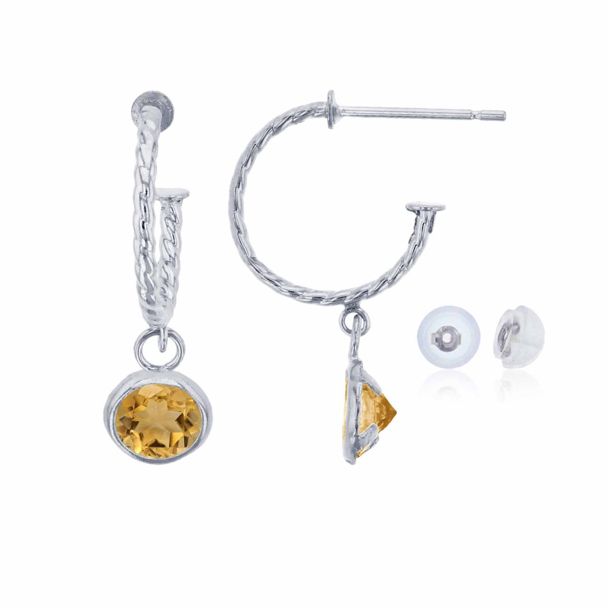 14K White Gold 12mm Rope Half-Hoop with 5mm Rd Citrine Bezel Drop Earring with Silicone Back