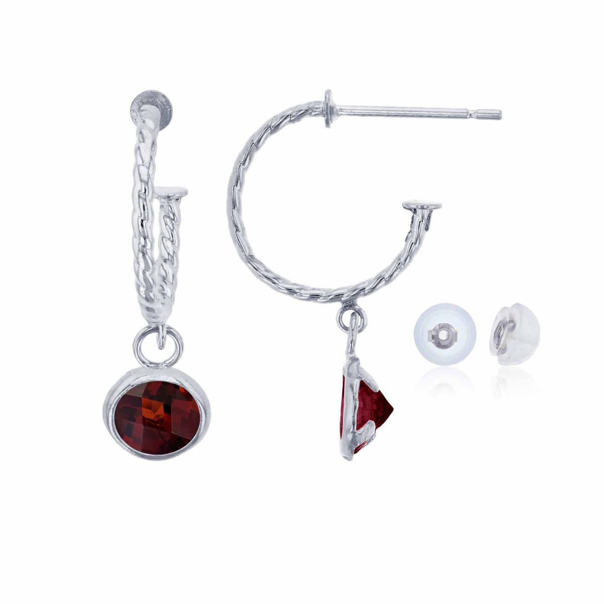 14K White Gold 12mm Rope Half-Hoop with 5mm Rd Garnet Bezel Drop Earring with Silicone Back