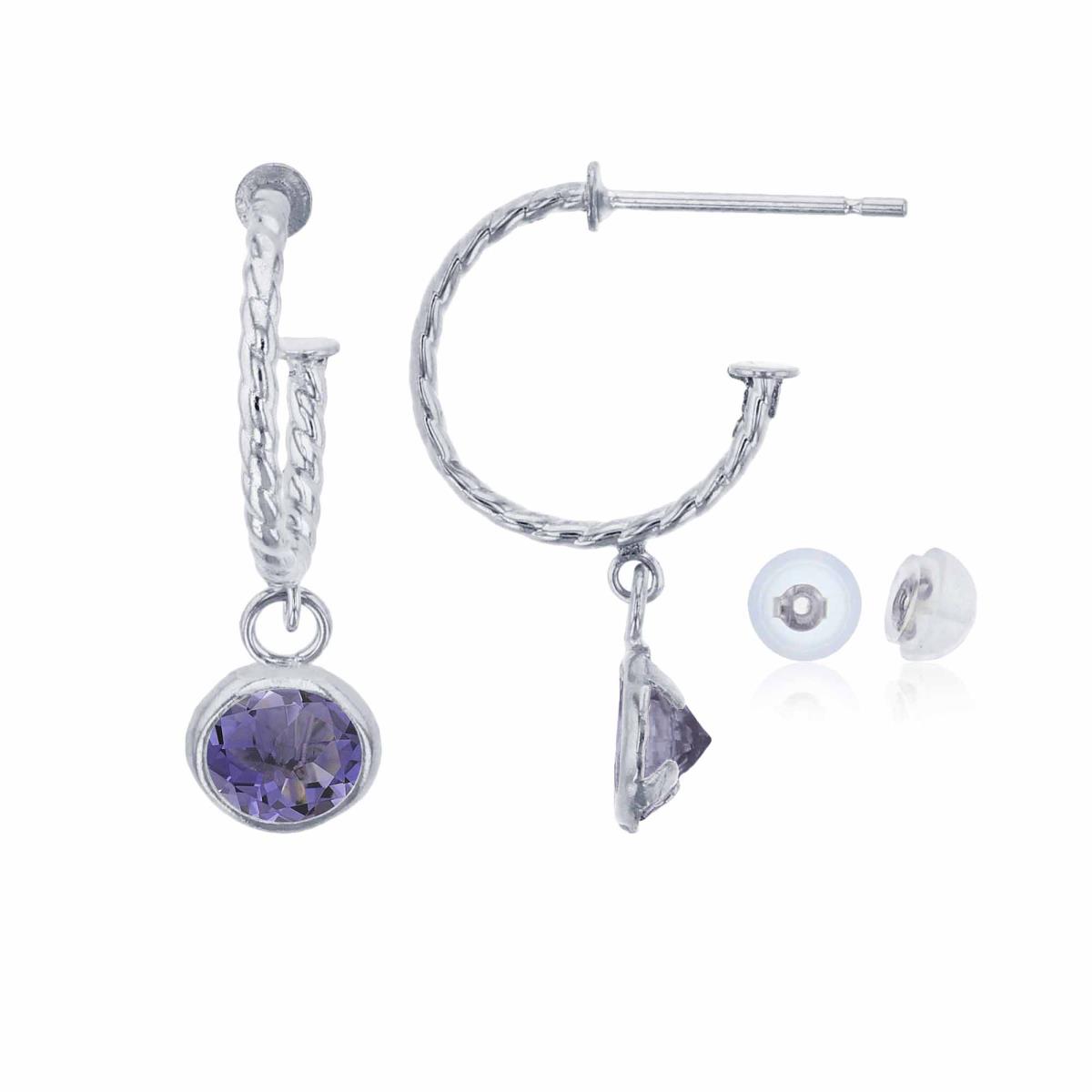 14K White Gold 12mm Rope Half-Hoop with 5mm Rd Iolite Bezel Drop Earring with Silicone Back