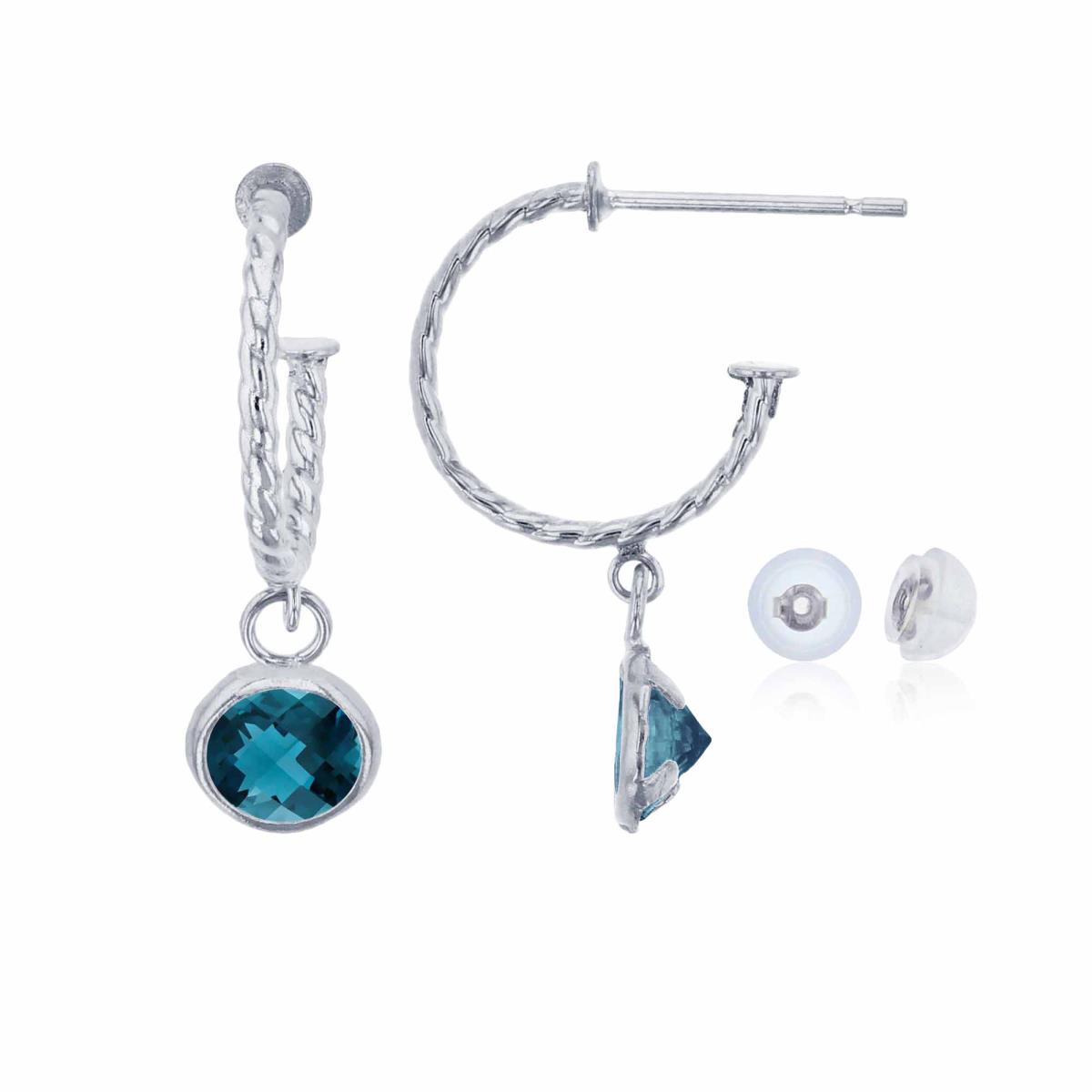 14K White Gold 12mm Rope Half-Hoop with 5mm Rd London Blue Topaz Bezel Drop Earring with Silicone Back