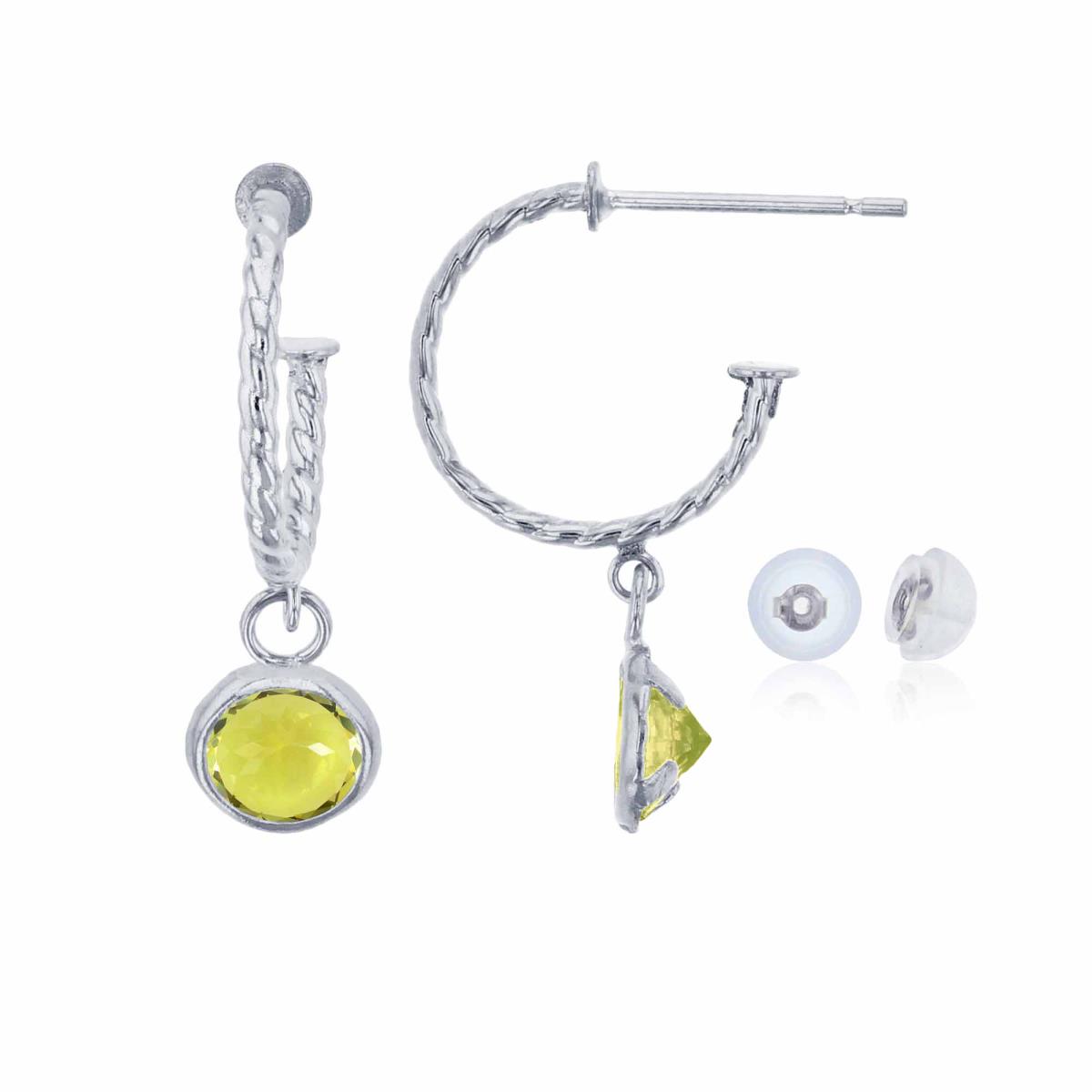 14K White Gold 12mm Rope Half-Hoop with 5mm Rd Lemon Quartz Bezel Drop Earring with Silicone Back