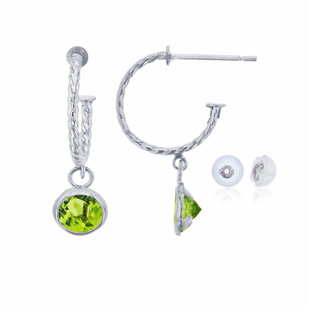 14K White Gold 12mm Rope Half-Hoop with 5mm Rd Peridot Bezel Drop Earring with Silicone Back