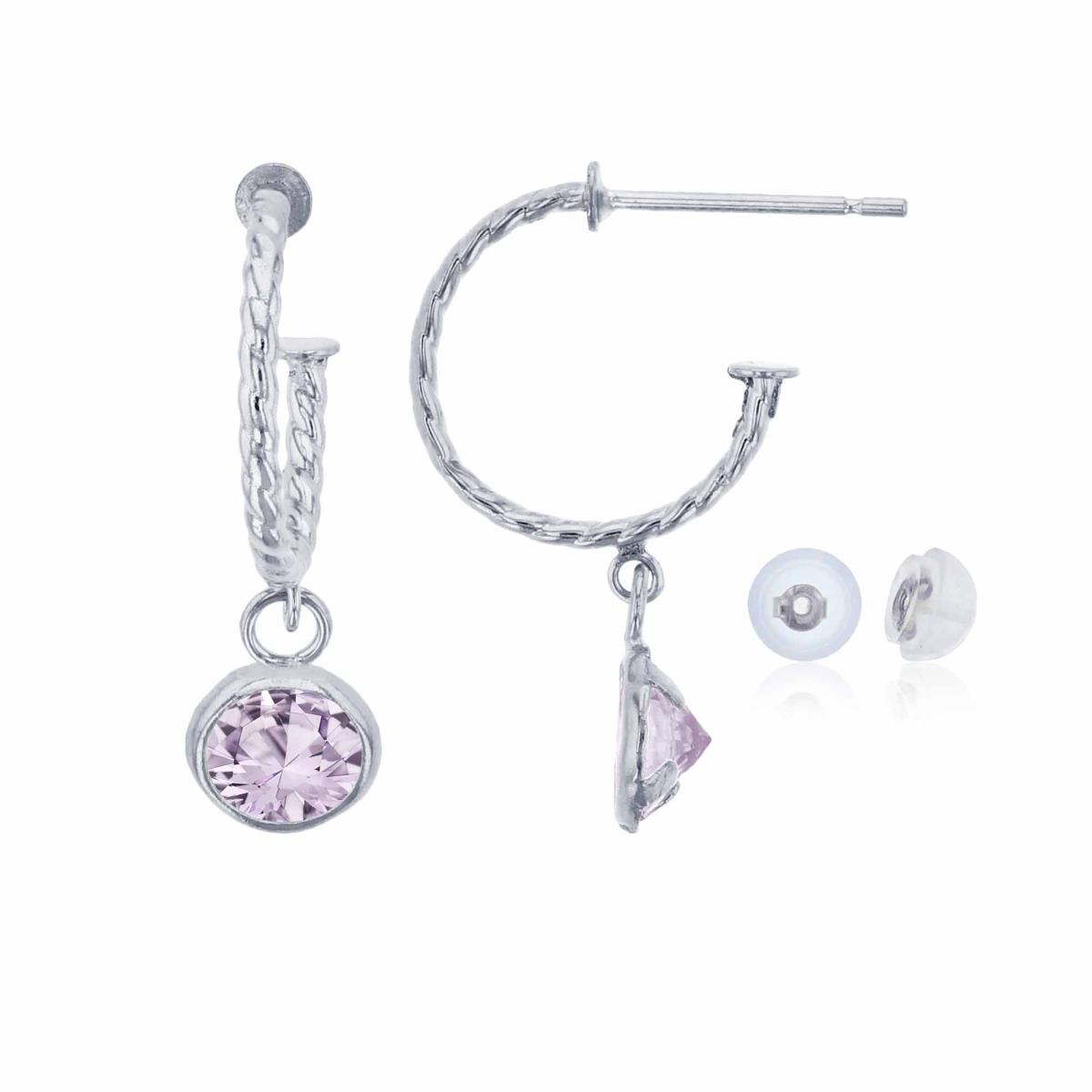 14K White Gold 12mm Rope Half-Hoop with 5mm Rd Rose De France Bezel Drop Earring with Silicone Back