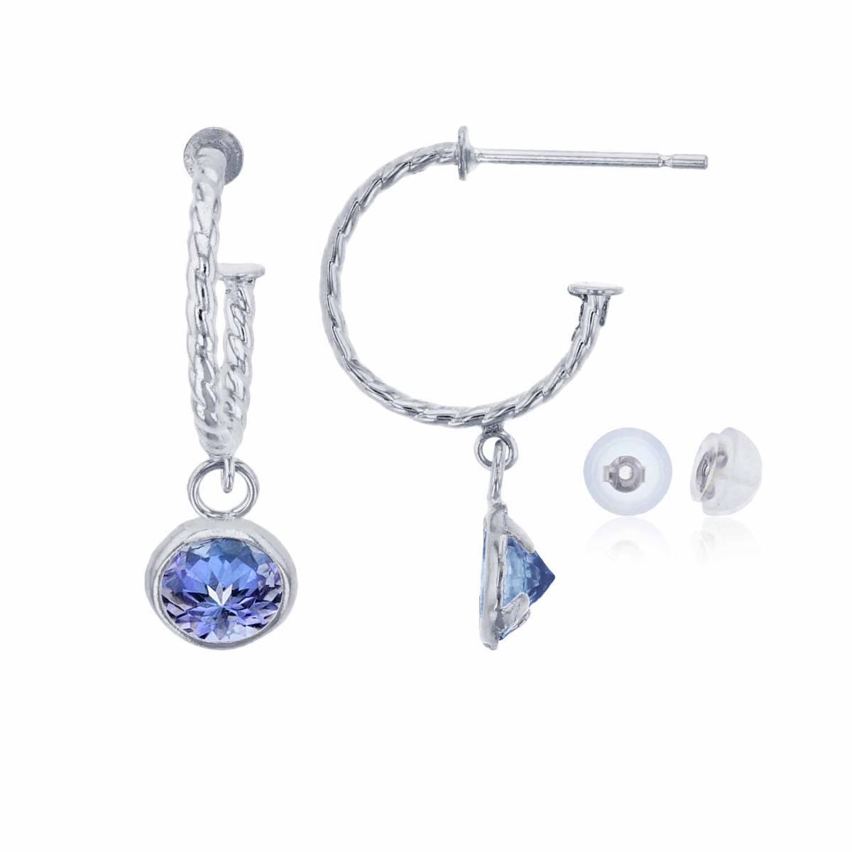 14K White Gold 12mm Rope Half-Hoop with 5mm Rd Tanzanite Bezel Drop Earring with Silicone Back